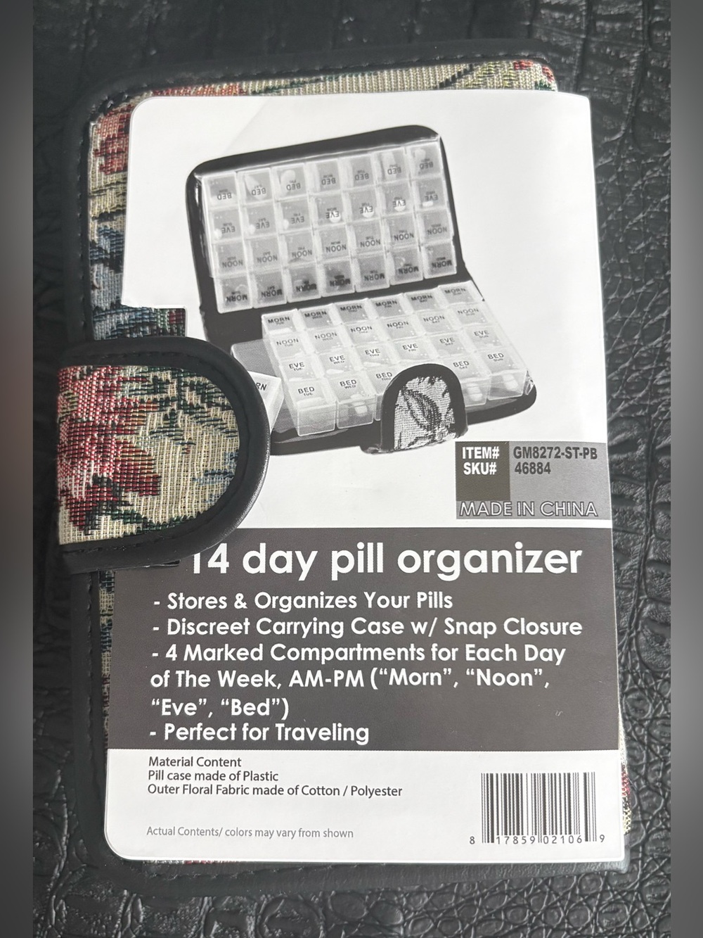 14-Day Floral Pill Organizer Case with Snap Closure - Floral Pattern